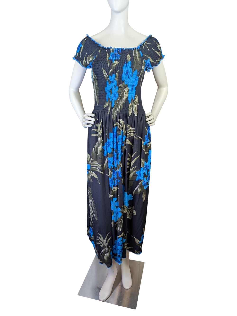 Hawaiian Floral Smocked Off Shoulder Rayon Maxi Dress One Size S L Blue Tropical